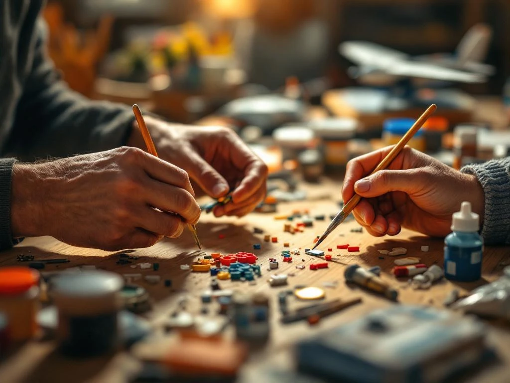 Adult hands guiding child hands building model airplane together on wooden workbench with colorful kits and tools