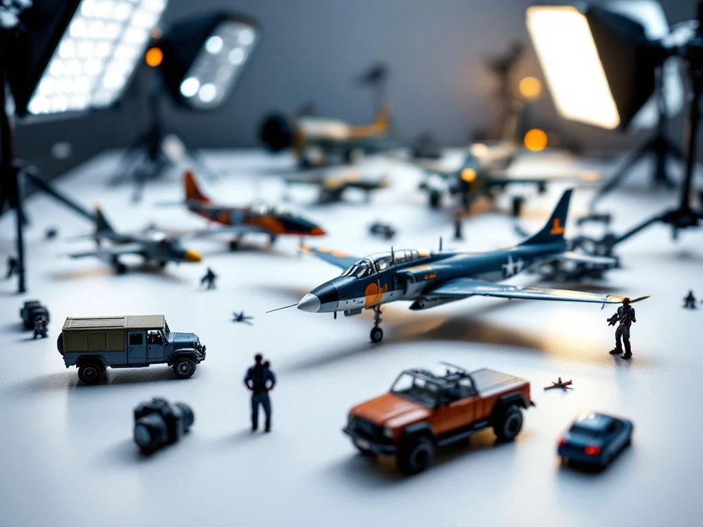 Professional photography setup with DSLR cameras capturing detailed scale model aircraft on white surface with LED lighting.