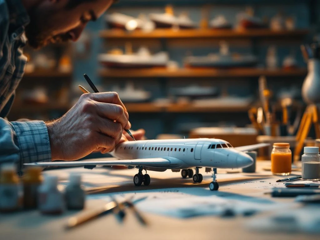 Hands painting intricate details on scale model airplane with precision brushes, paint bottles, and completed models displayed on shelves