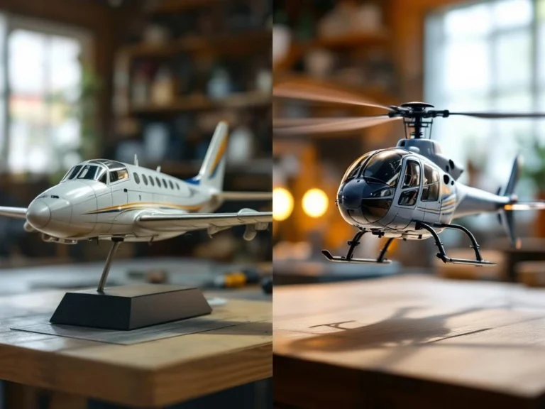 Split-screen vergelijking van statisch schaalmodel vliegtuig op standaard en dynamische RC-helikopter in vlucht met draaiende rotors