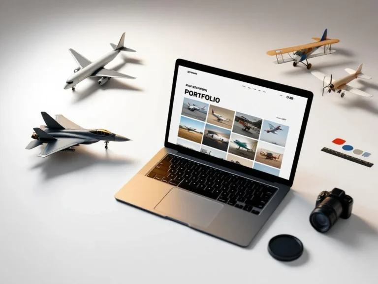 Open laptop displaying aircraft model portfolio website surrounded by detailed scale airplane models and photography equipment