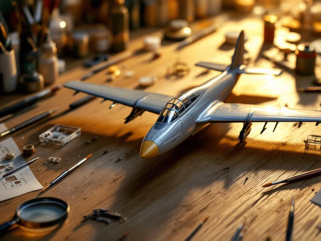 Scale model airplane on wooden workbench with precision modeling tools, paint bottles, and craft supplies in workshop setting.