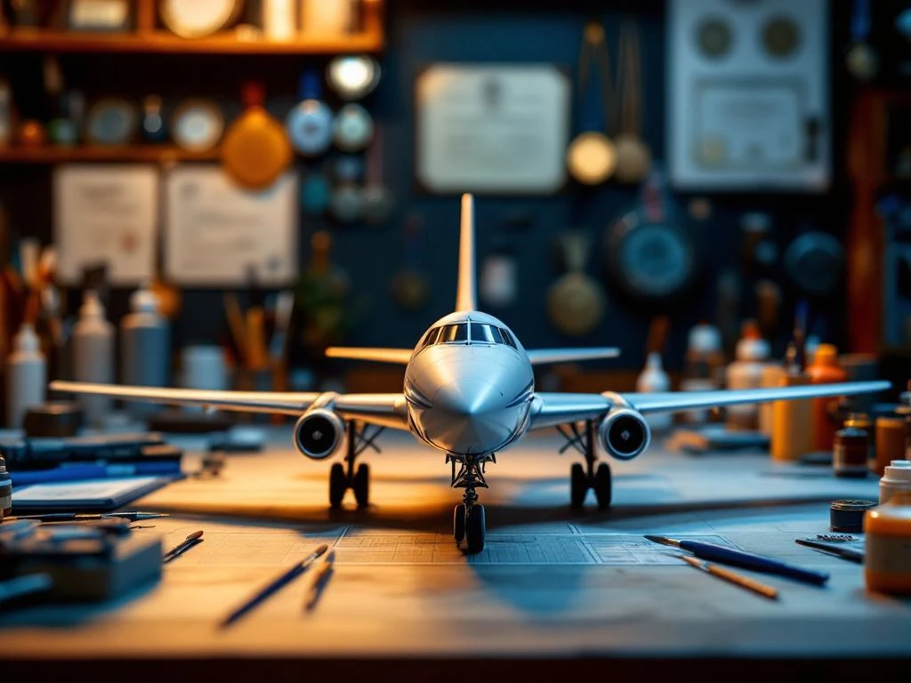 Scale model airplane on workbench with precision modeling tools, paint bottles, and brushes under workshop lighting.