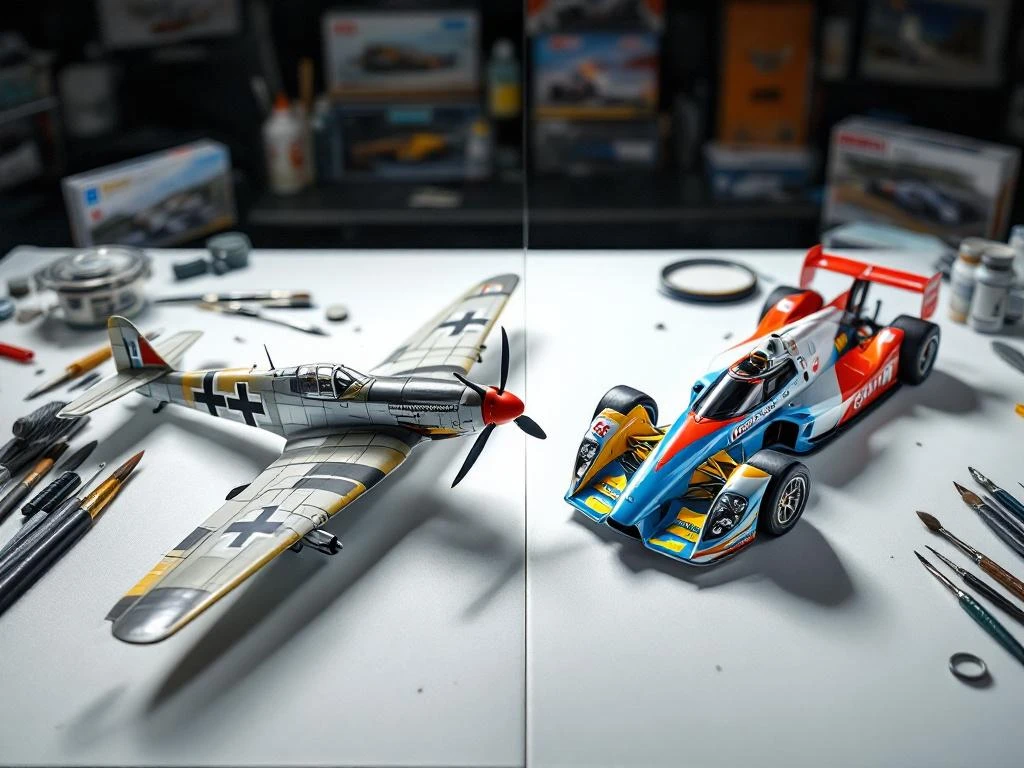 Split-screen comparison of detailed WWII German fighter plane model and colorful Japanese racing car model on workbench with tools