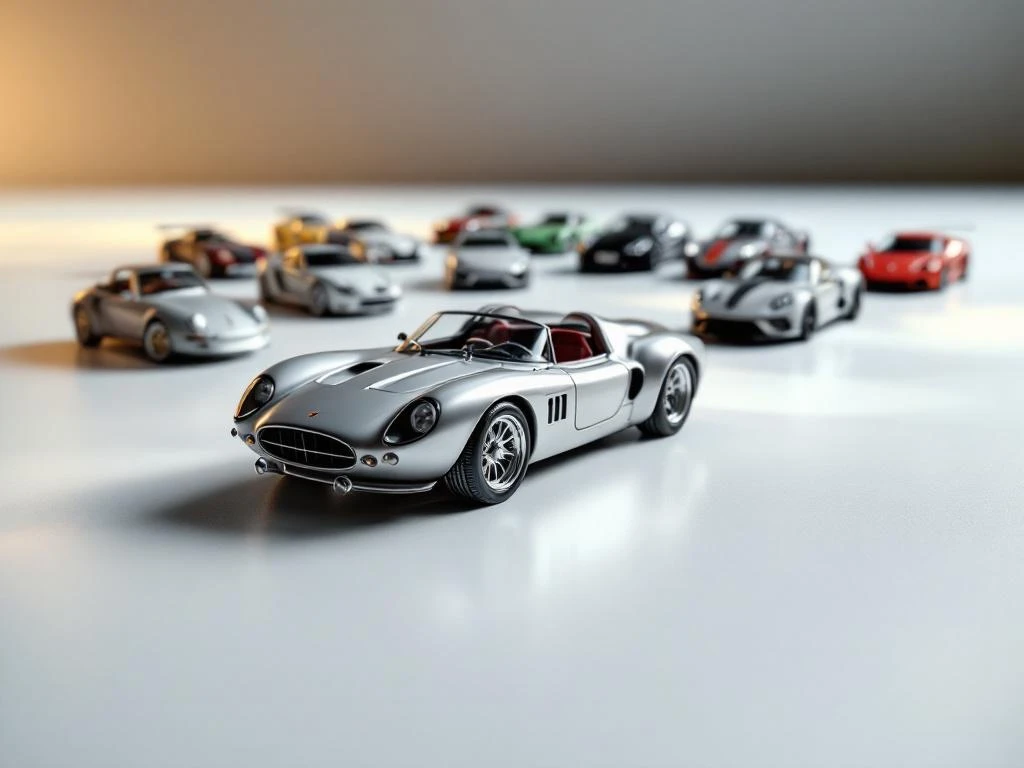Scale model cars arranged by size from 1:87 to 1:24 with spotlit 1:43 sports car centerpiece on white studio surface.