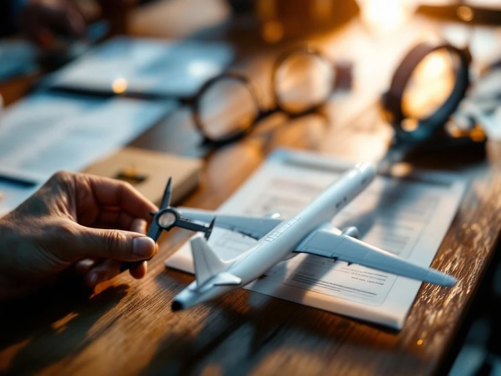 Scale model aircraft on wooden judging table with judge measuring wing details using precision calipers and evaluation sheets