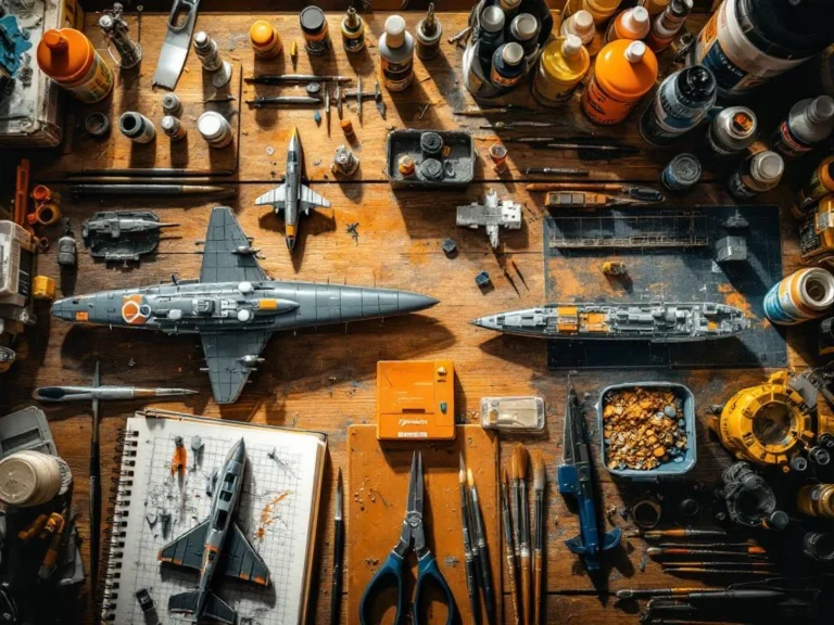 Houten werkbank met schaalmodellen van vliegtuigen, schepen en treinen in verschillende bouwfasen, verfpotten en gereedschap