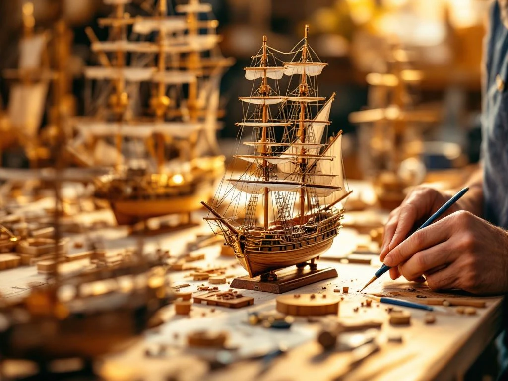Skilled hands assembling detailed wooden ship model with rigging on workbench, precision tools nearby, other models visible in background.