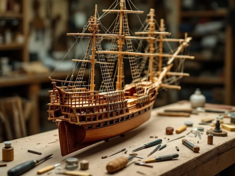 Wooden ship model under construction on workbench with detailed rigging, cannons, and precision crafting tools
