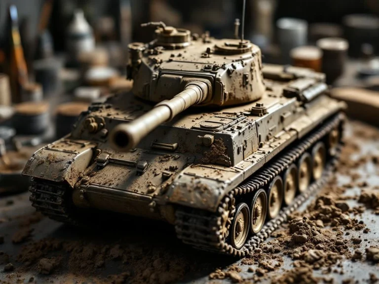 Weathered military tank scale model with realistic mud effects on workbench surrounded by modeling tools and paints