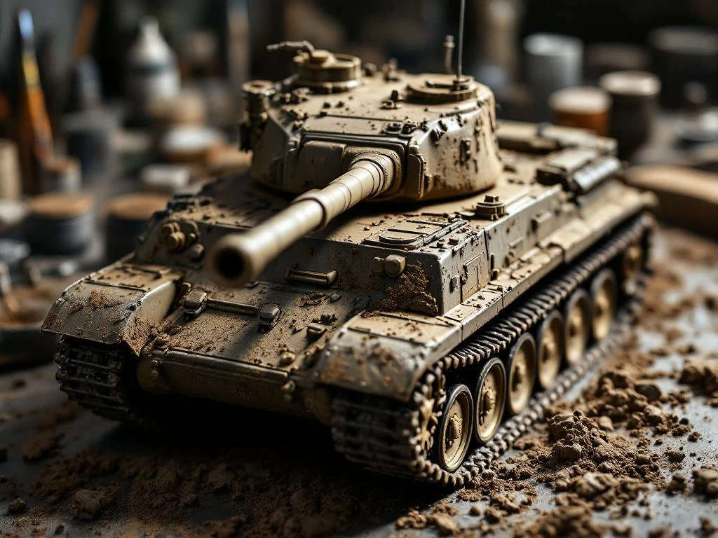 Weathered military tank scale model with realistic mud effects on workbench surrounded by modeling tools and paints
