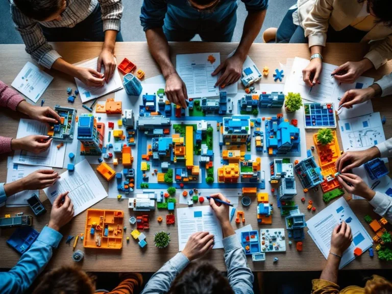 Diverse team members collaboratively building architectural and vehicle models at modern conference table with instruction manuals.
