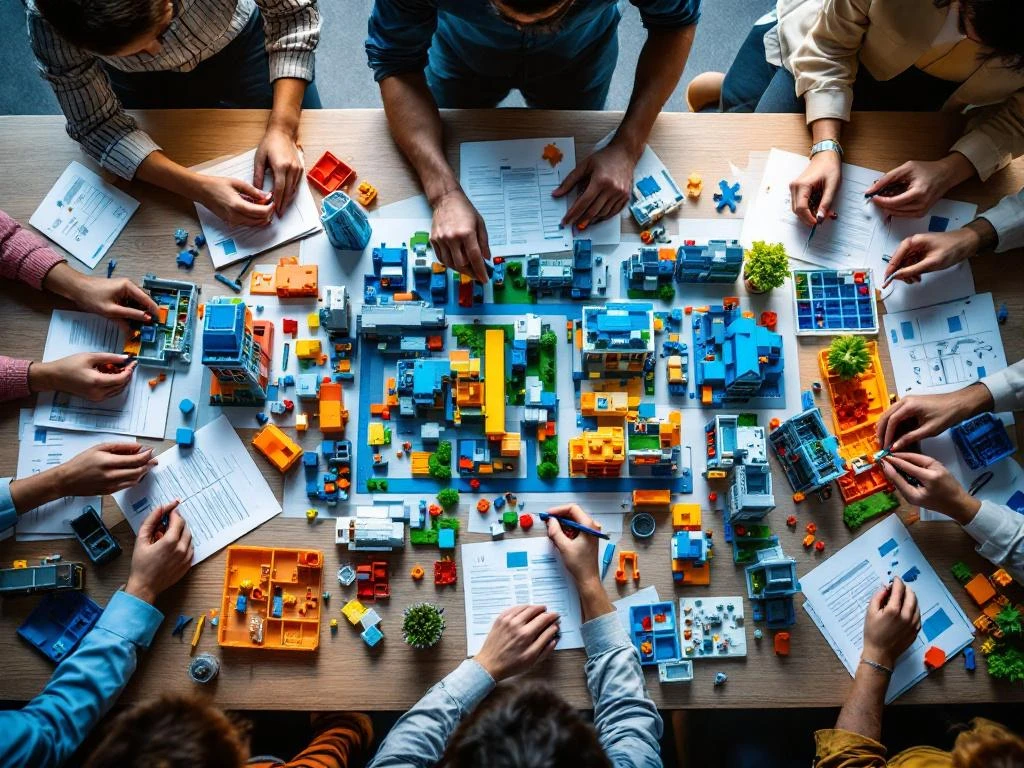 Diverse team members collaboratively building architectural and vehicle models at modern conference table with instruction manuals.