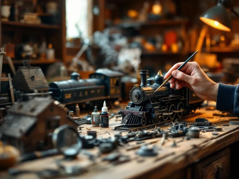 Hands restoring vintage model train locomotive on wooden workbench with paintbrushes, tools, and antique railway collectibles