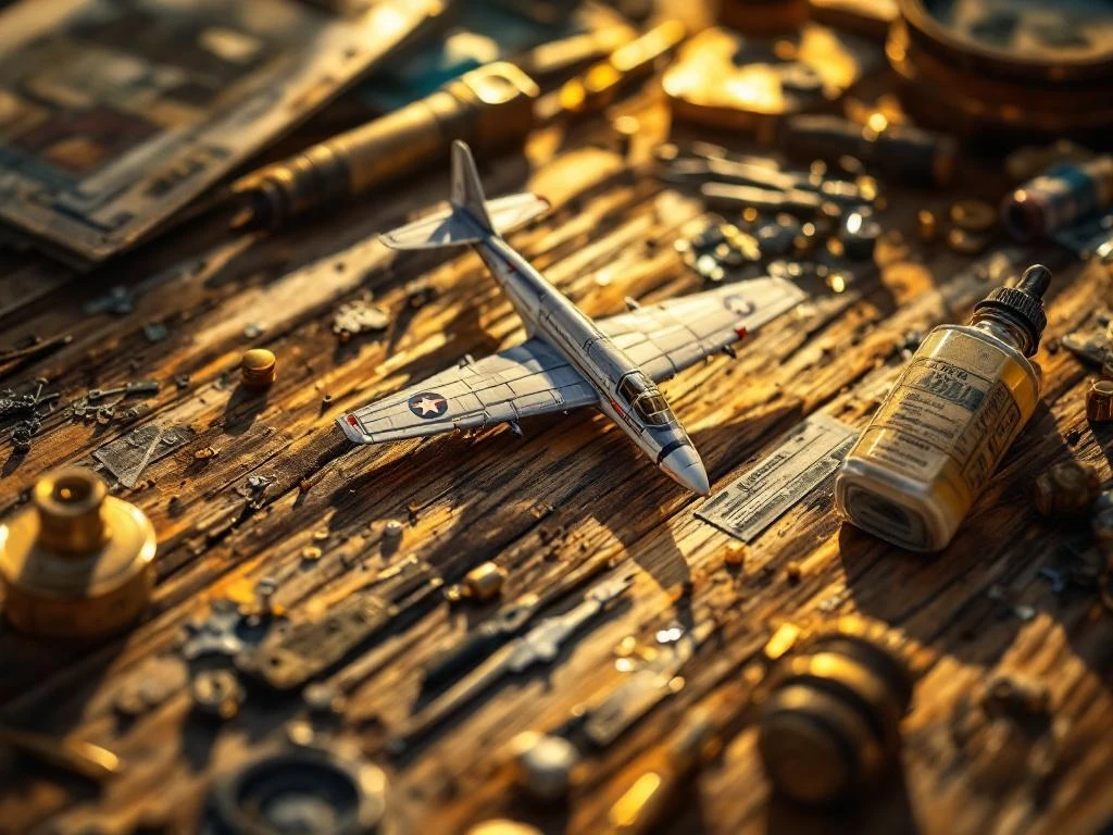 Rare 1960s aircraft model kit in original packaging with vintage brass tools and paint bottles on weathered wood surface