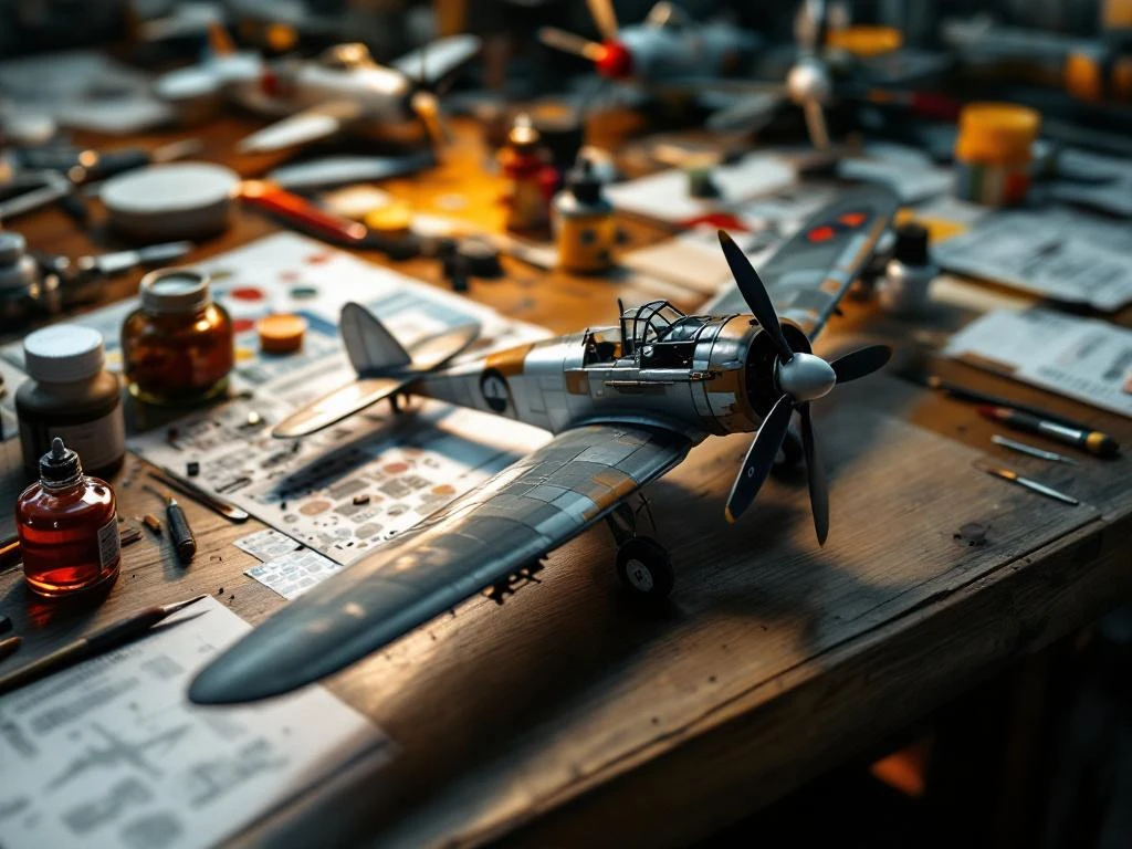 Model aircraft workshop with partially assembled vintage warplane, hobby tools, paint bottles, and completed scale models
