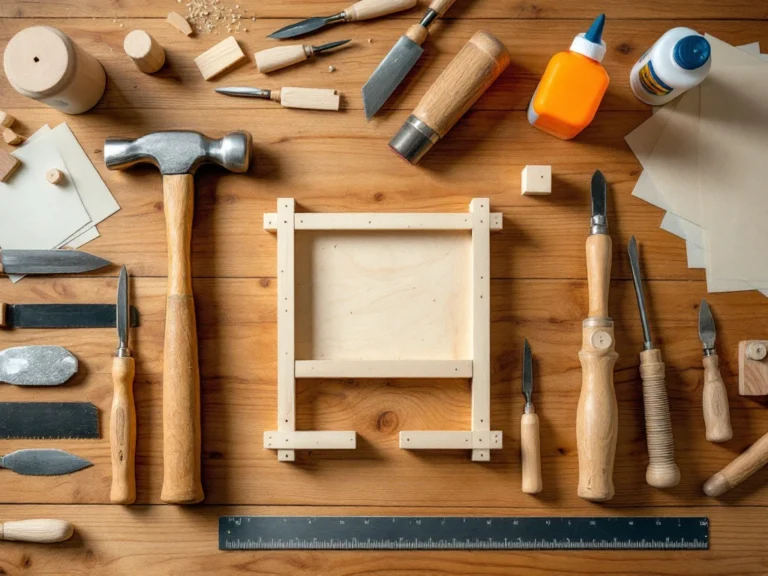 Essential woodworking tools arranged around unfinished wooden construction kit on workbench including hammer, chisels, saw