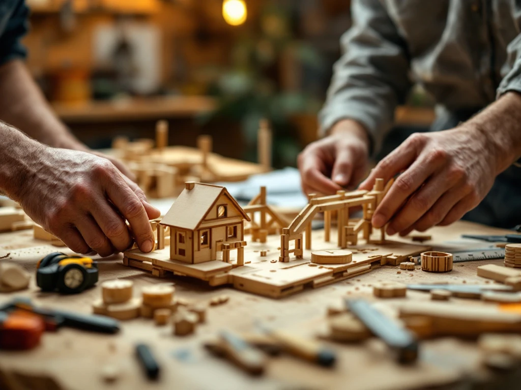 Hands assembling wooden construction kit on organized workbench with precision tools and safety equipment nearby