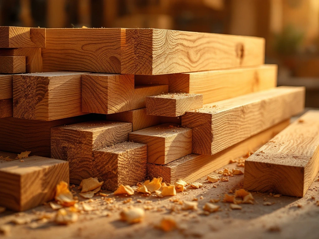 Close-up van houten constructie-elementen met houtverbindingen, planken met houtnerf en zaagsel in werkplaats