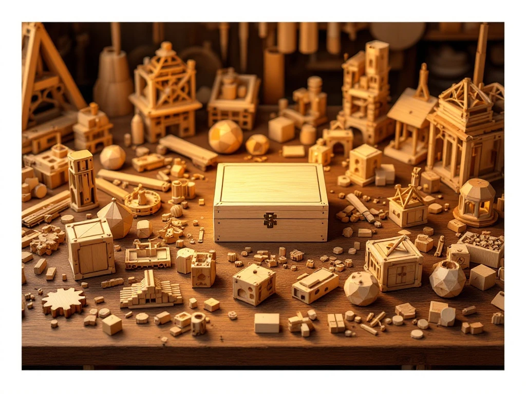 Wooden building blocks and construction kit components arranged on walnut workbench with warm workshop lighting