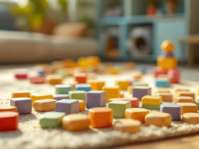 Colorful wooden building blocks with rounded edges scattered on child-safe play mat with safety certification visible