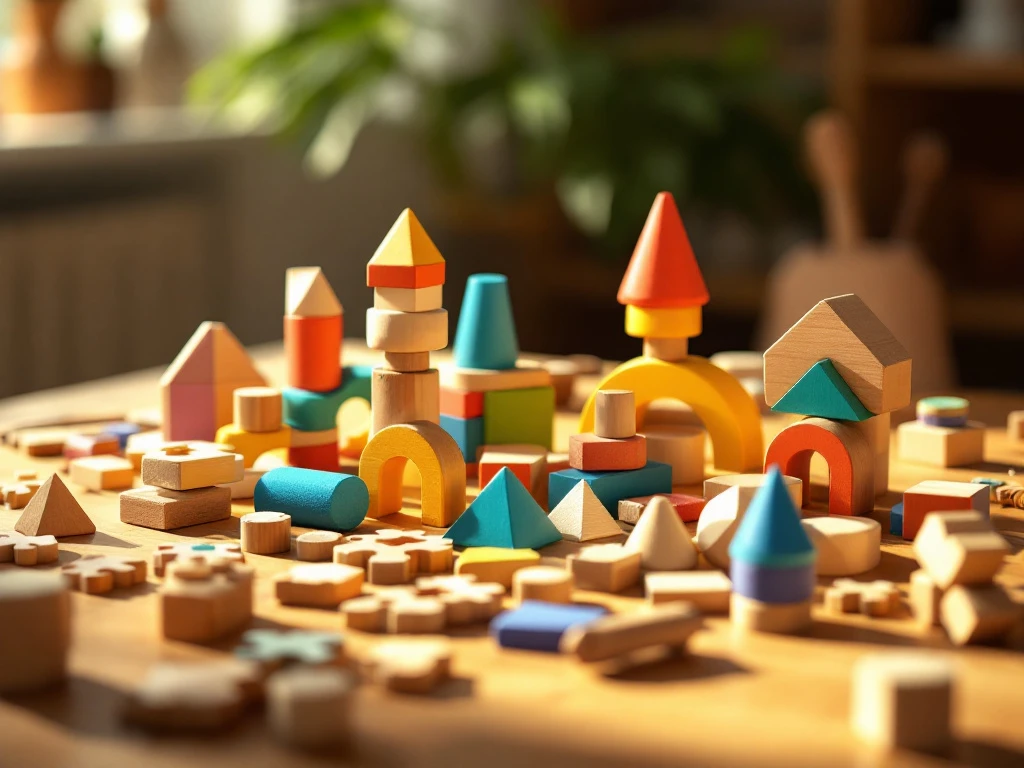 Colorful wooden building blocks and geometric shapes scattered on oak table with natural lighting and shallow depth of field.