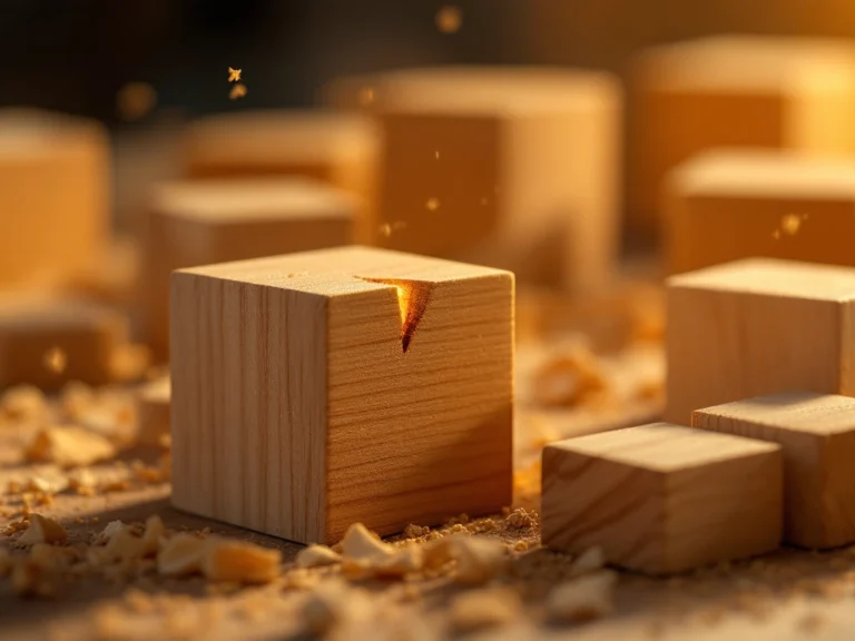 Close-up van houten bouwblokken met splinter in dramatisch licht, zaagsel in de lucht, warme houtkleur