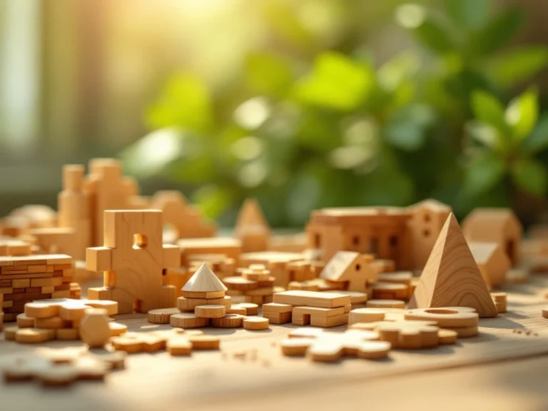 Wooden building kit puzzle pieces and model components on natural wood surface with soft lighting and blurred greenery