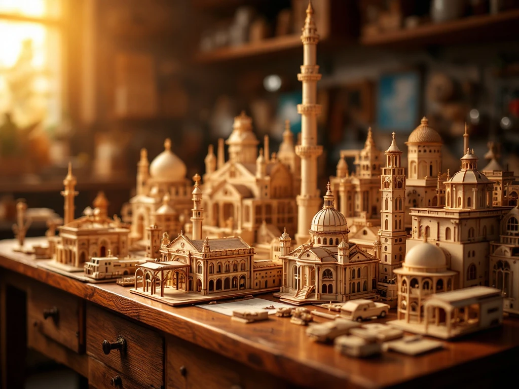 Premium wooden building kits and model sets arranged on walnut workbench with golden studio lighting highlighting wood grain