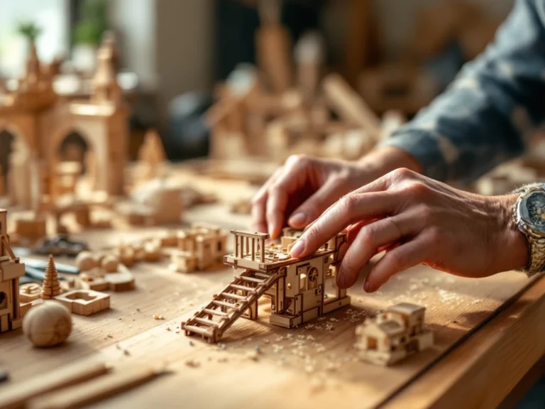 Hands assembling wooden construction kit on oak workbench with precision-cut pieces, screws, and tools in workshop setting.