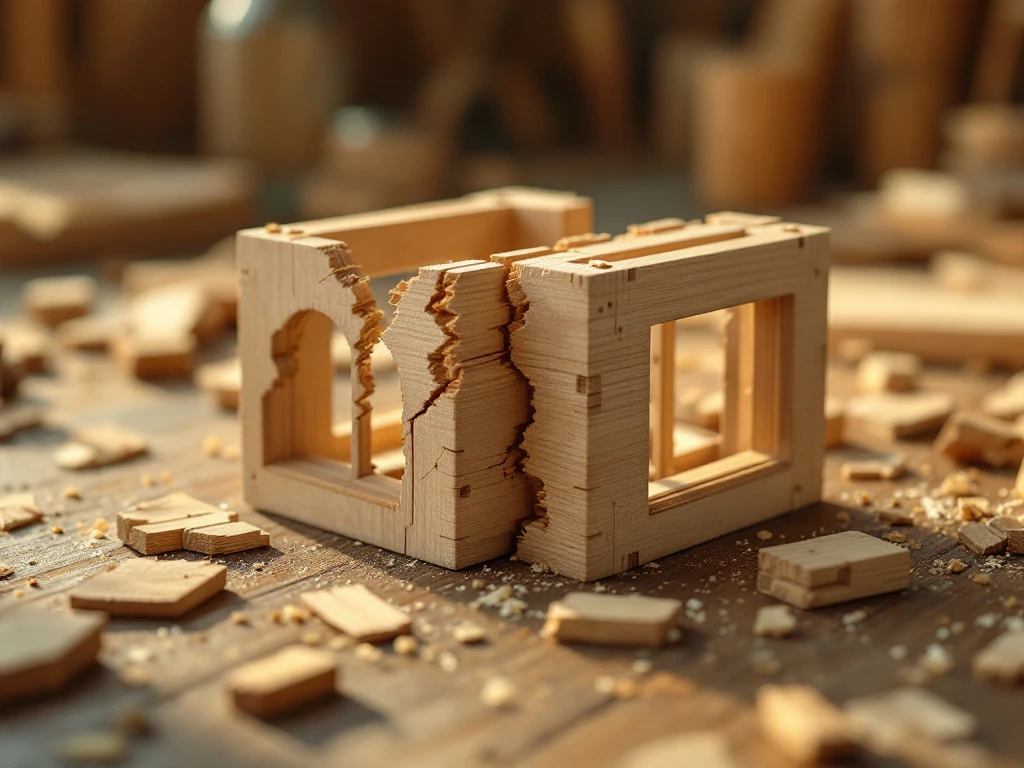 Damaged wooden construction kit with cracked pieces and wood fragments scattered on workbench in workshop lighting.
