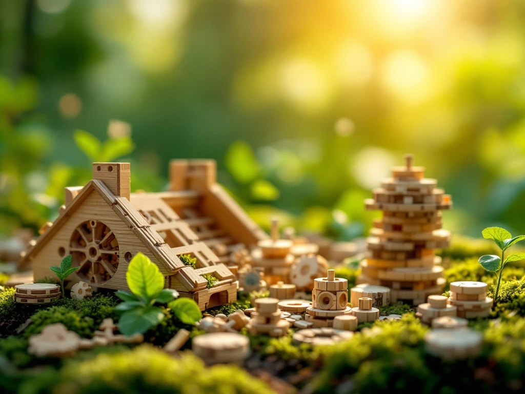 Wooden building kit pieces and gears arranged on moss-covered forest floor with sunlight filtering through trees