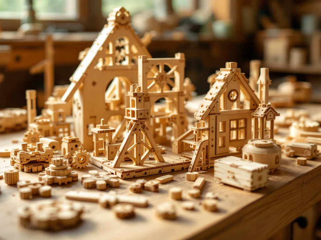 Wooden building kit components and gears arranged on oak workbench with natural lighting highlighting grain textures