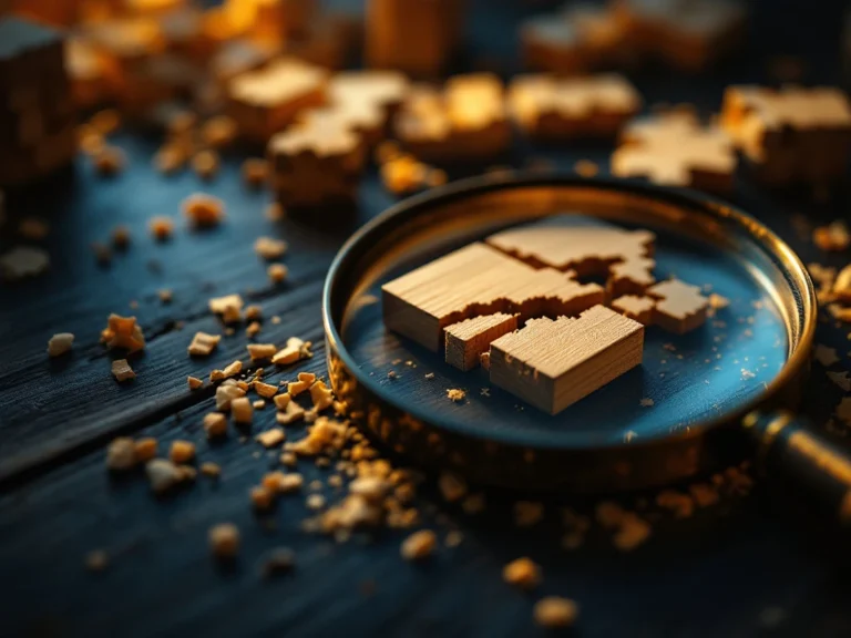 Scattered wooden building kit pieces with visible cracks and splintered edges on dark wood surface, magnifying glass showing rough texture