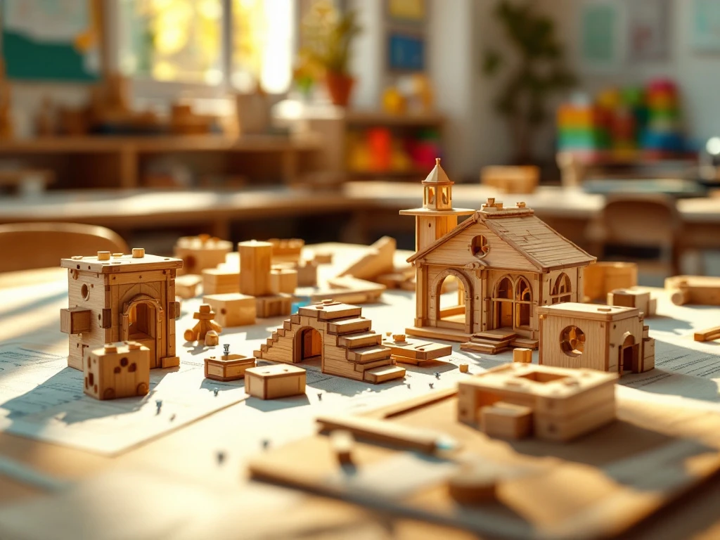 Wooden construction kit with cut pieces, screws and instructions on classroom desk in warm natural light