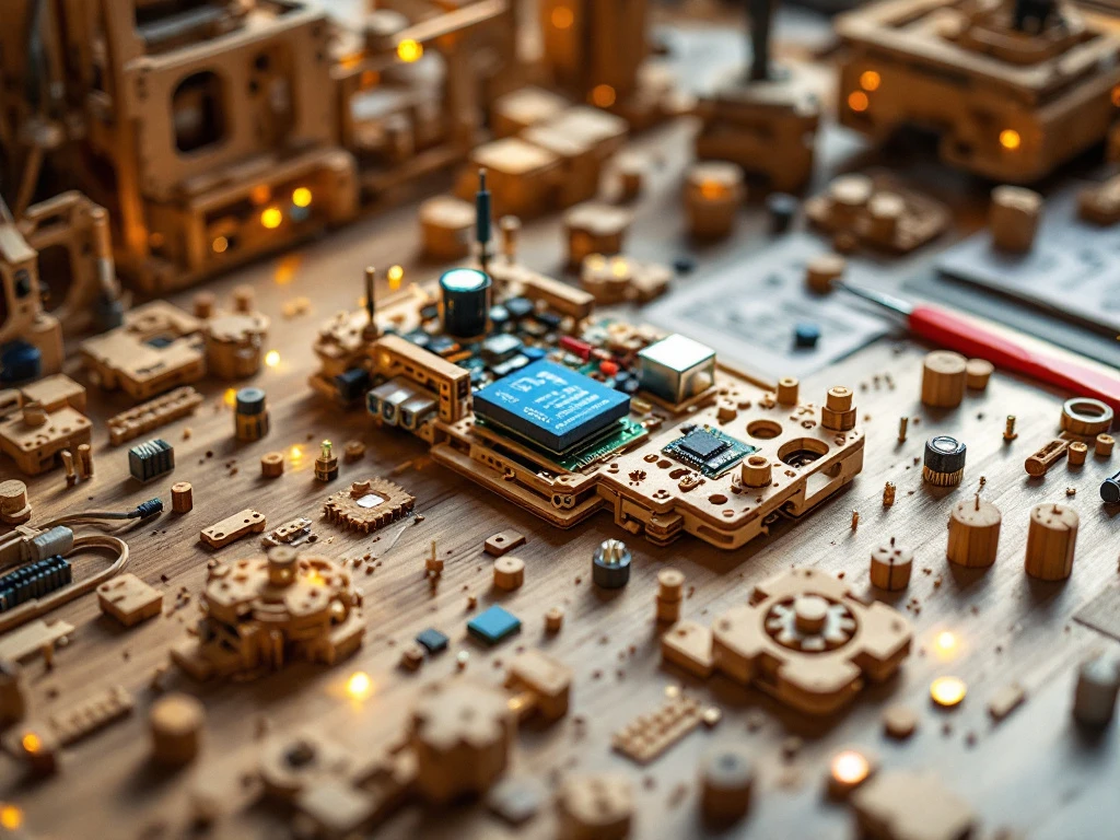 Wooden construction kit with LED lights and circuit boards on workspace, tools and instructions nearby