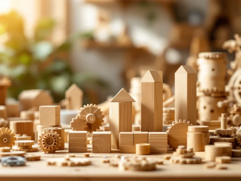 Wooden building blocks arranged by age from simple toddler shapes to complex adult model parts on workshop surface