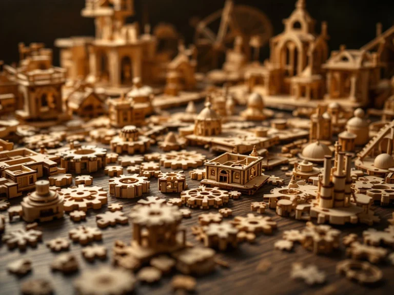 Houten constructieset onderdelen met tandwielen en complexe verbindingen op donkere werkbank, gedeeltelijk gemonteerde modellen op achtergrond