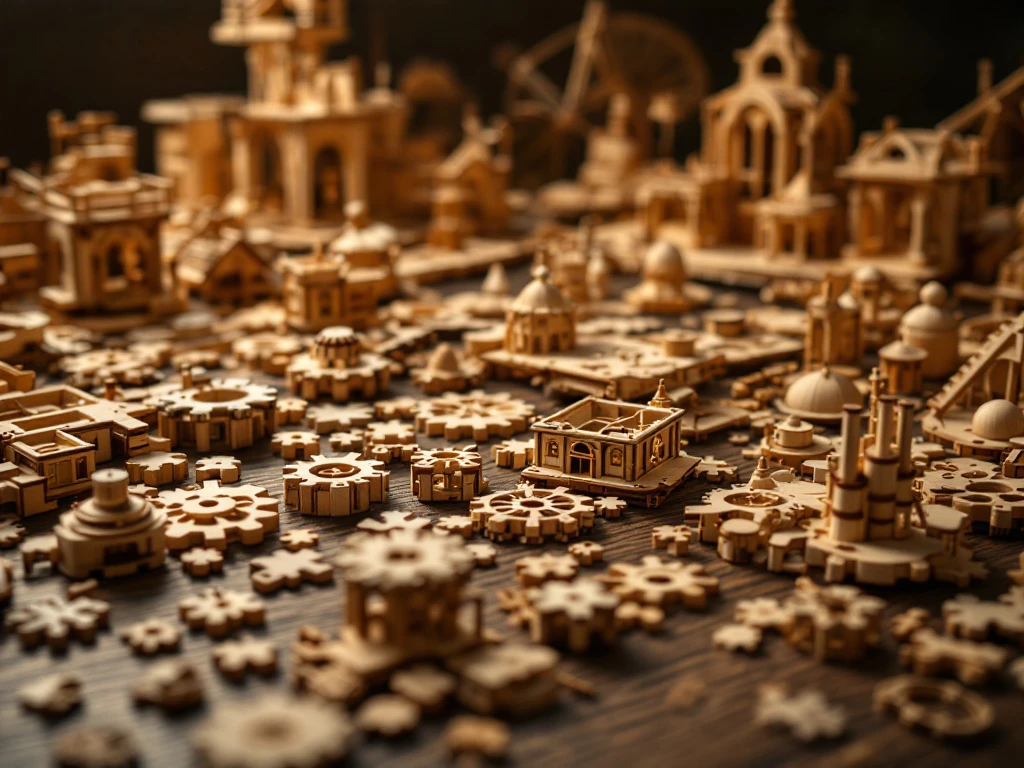 Houten constructieset onderdelen met tandwielen en complexe verbindingen op donkere werkbank, gedeeltelijk gemonteerde modellen op achtergrond