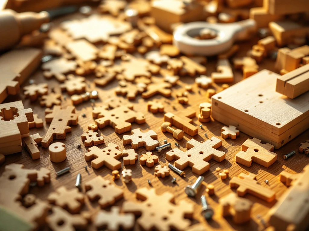 Wooden building kit pieces on workbench showing assembly mistakes like misaligned joints and wrong screws with tools nearby