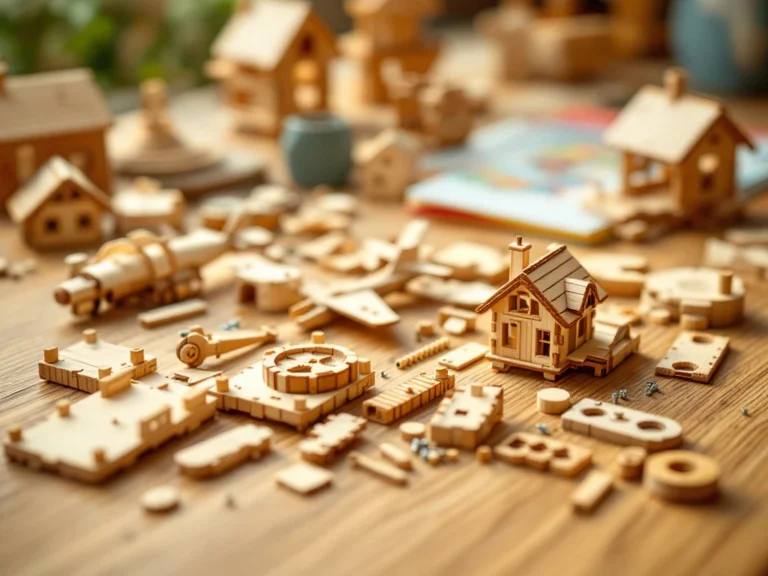 Wooden building kit pieces with miniature planks and screws scattered on oak surface with instruction booklets