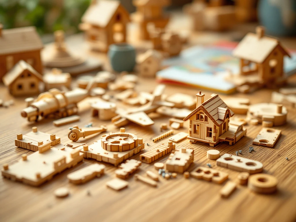 Wooden building kit pieces with miniature planks and screws scattered on oak surface with instruction booklets