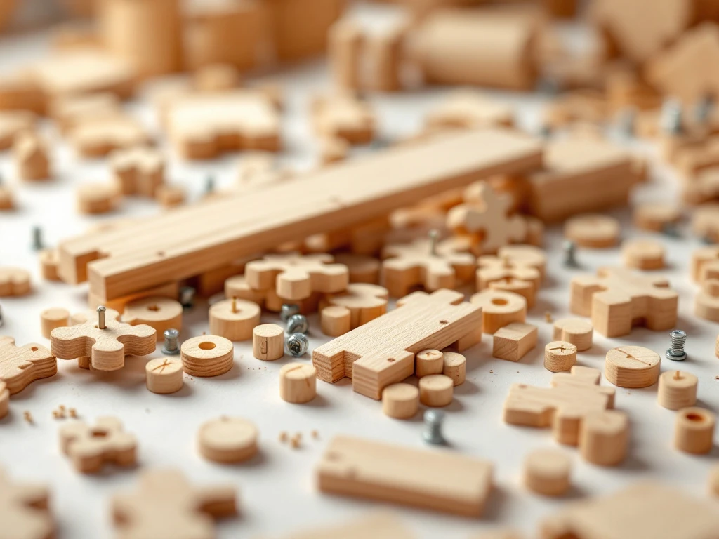 Wooden construction kit pieces scattered on white surface with dowels, screws and partially assembled model parts
