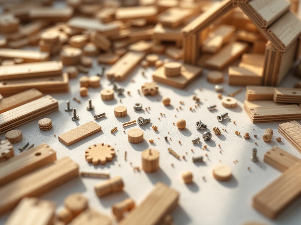 Wooden building kit components scattered on white surface with planks, dowels, screws and partially assembled structure