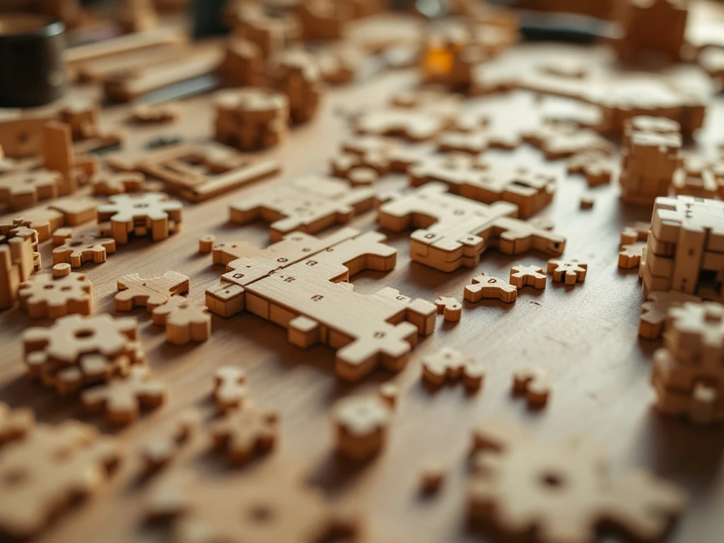 Wooden building kit components with laser-cut edges and numbered parts arranged on workbench with assembly tools nearby.