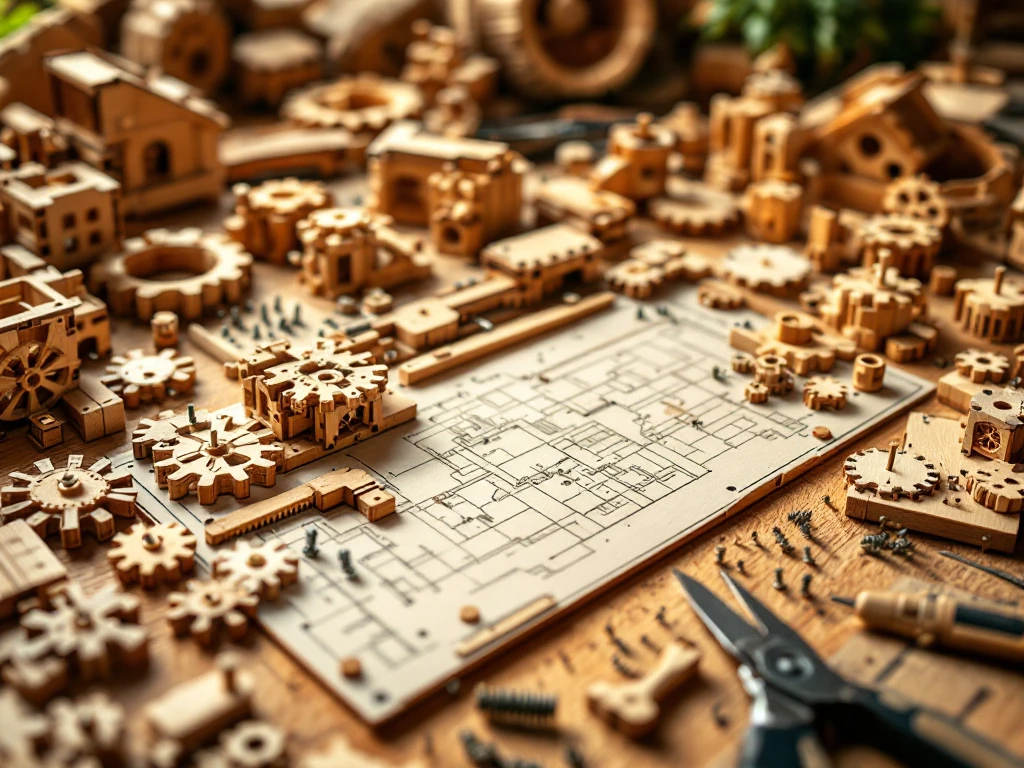 Unassembled wooden construction kit with precision-cut pieces, screws, and miniature tools on clean workbench