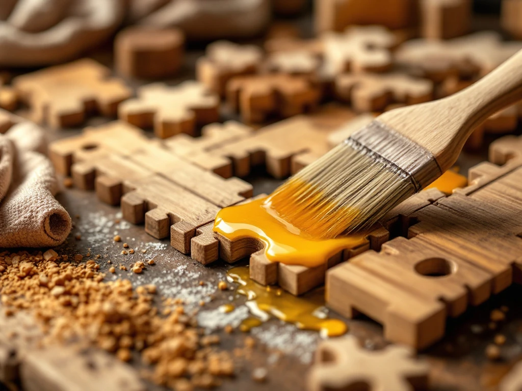 Brush applying golden wood oil to weathered construction kit pieces on rustic workbench with maintenance tools nearby