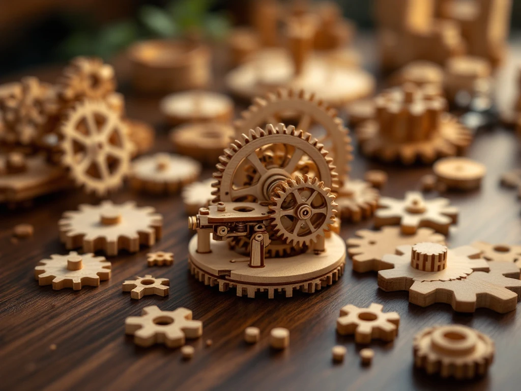Premium wooden building kit components and clockwork mechanism arranged on dark walnut surface with warm studio lighting.