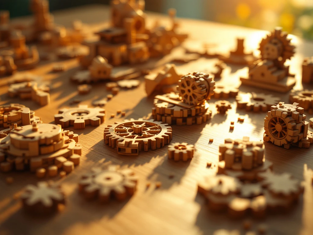 Wooden building kit pieces with interlocking joints and gears scattered on oak surface in golden afternoon light
