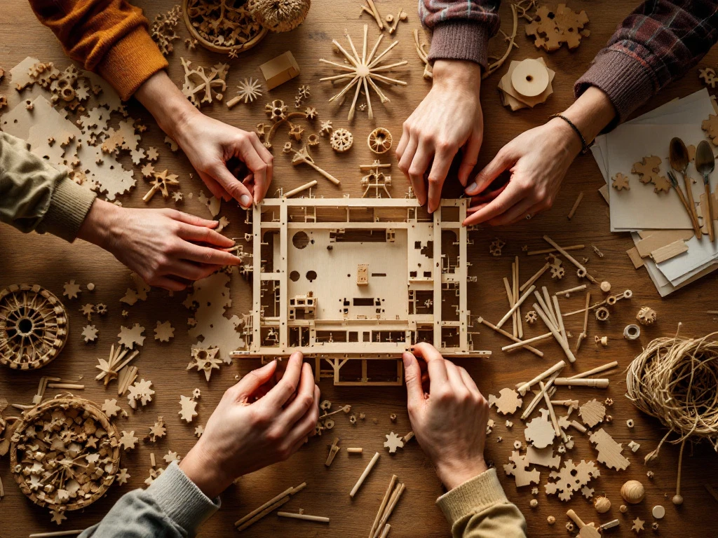 Multiple hands collaborating to assemble wooden construction kit pieces on oak table with natural lighting